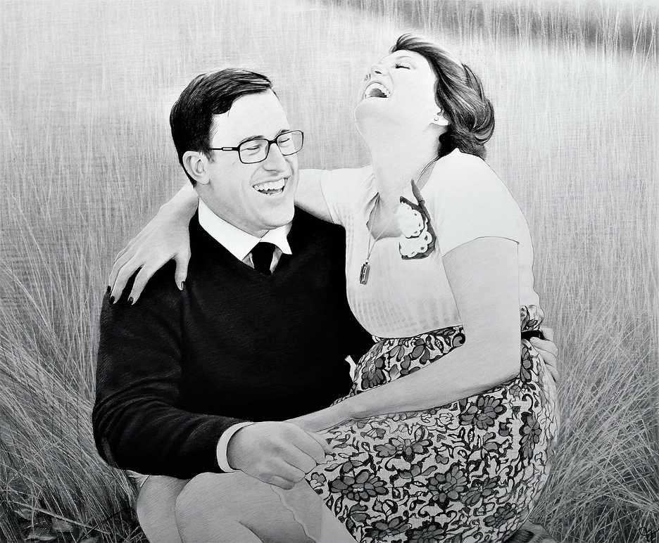 Charcoal drawing of a man and woman laughing in a grassy field